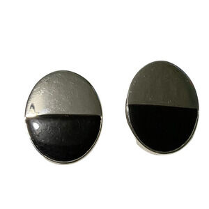 Vintage Givenchy Signed Silver Tone, Black Enamel  Clip-On Earrings